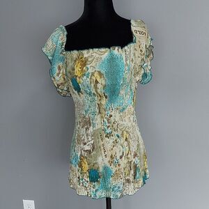 Blue and Cream Fitted Ruched Blouse